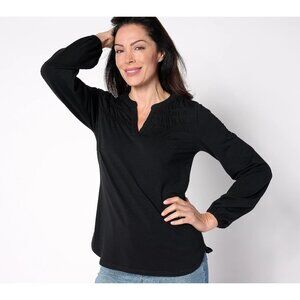 Isaac Mizrahi Live Y-Neck Button Front Top with Shirring Pitch Black Womens 2X